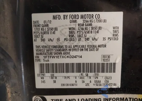 2012 Ford F-150 Fx4 z USA, uszkodzony, nr VIN 1FTFW1ETXCKD24714